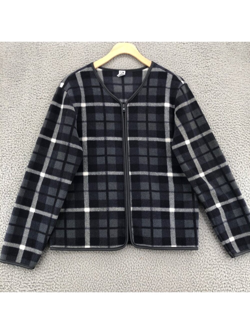 Gap Sweater Womens Large Navy Gray Plaid Fleece Full Zip V Neck Contrast Trim